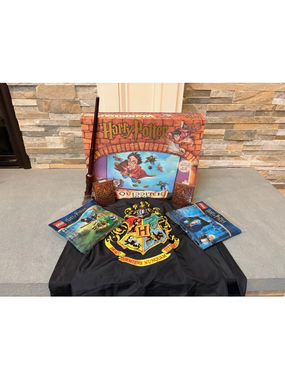 Harry Potter Quidditch Game Set with Hogwarts Crest Cape, Legos, Cards and Wand